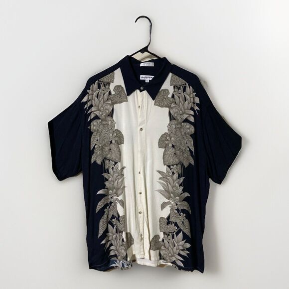 Vintage Pierre Cardin Rayon Hawaiian Tropical Flower Shirt, Black Tan Ivory, XXL - Picture 1 of 5